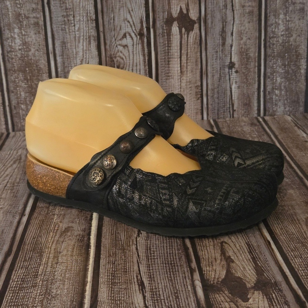 Sz 36/ 5 Womens Think! Julia Black Silver Metallic Geometric Mary Jane Clogs - Picture 3 of 5